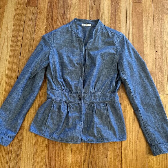 Eileen Fisher Blue Cotton Chambray Fitted Peplum 2-Button Jacket - Sml - Picture 1 of 5